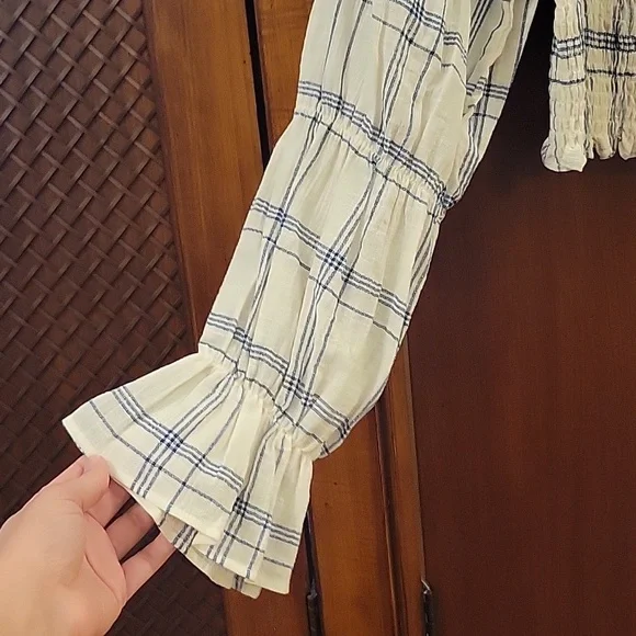 Zara | Plaid Long Sleeve Crop Top with Smocking At Chest 100% Cotton - M - Picture 4 of 10